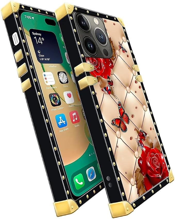 Compatible with iPhone 14 Pro Max Case, Shining Red Rose Butterfly Leather - Image 3