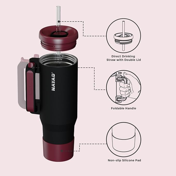 NAYAD 40oz Travel Tumbler with Handle and Straw|Cup Holder Friendly Insulated - Image 3
