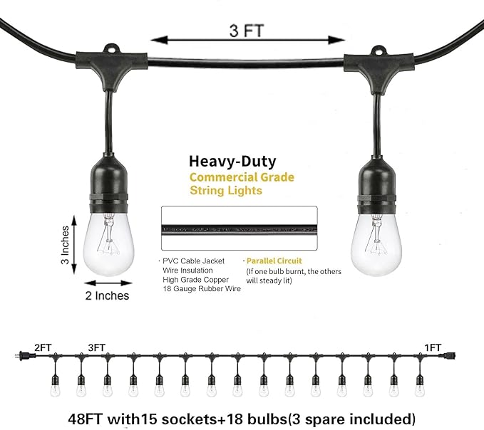 SUNTHIN Outdoor String Lights, 48FT Commercial Grade String Light - Image 2