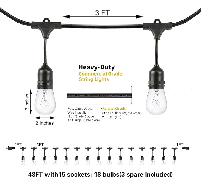 SUNTHIN 2 Pack 48FT Outdoor String Lights, Hanging Incandescent String Lights - Image 2