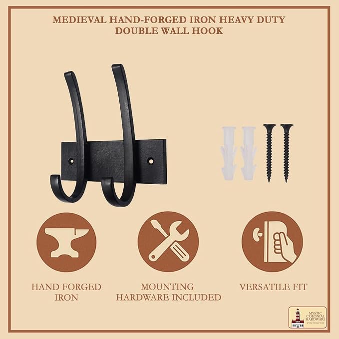 Mystic Colonial Medieval Hand-Forged Iron Double Wall Hook � 1 Pc | Heavy Duty - Image 4