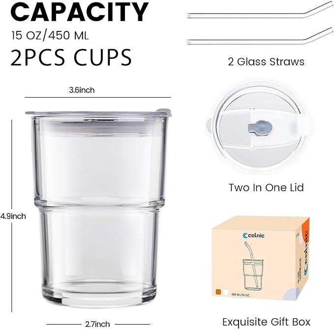 2PCS Glass Cups With Lids And Straws, Iced Coffee Cup, 15Oz/450ml Iced Coffee - Image 2