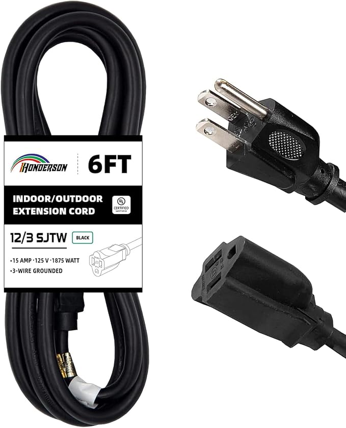 Indoor Outdoor Extension Cord Weatherproof, UL Certified, 12 Gauge 6FT Black 3 by HONDERSON