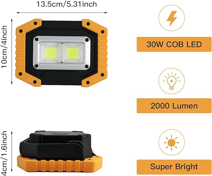 Tekstap LED Work Light Rechargeable, 30W 2000LM Portable Waterproof - Image 2
