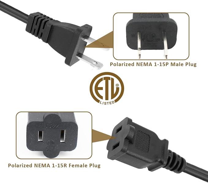 25 FT 2 Prong Extension Cord, 18AWG SPT-2 Indoor Male to Female Power Cord ETL - Image 7