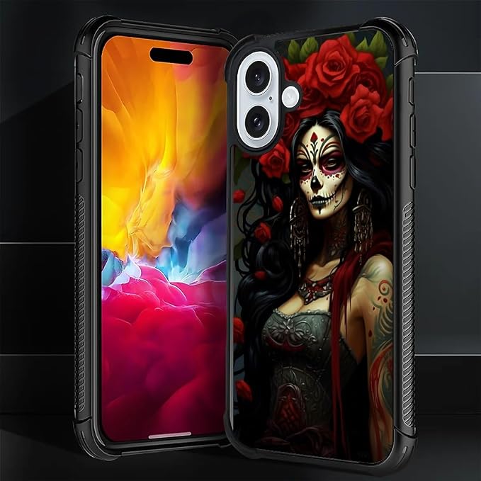 for iPhone 16 Case, Day of The Dead Halloween Woman Pattern Graphic Design Girl - Image 2