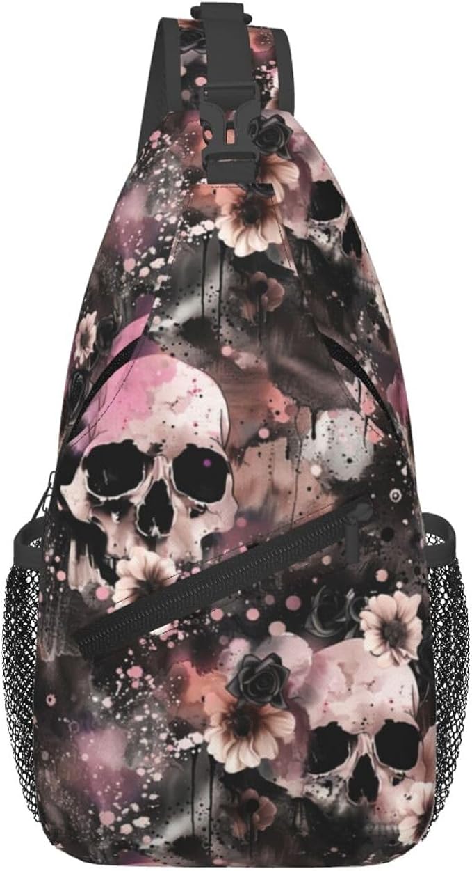 Flowers And Skulls Sling Bag For Women Men Halloween Backpack Crossbody Skull by Unknown