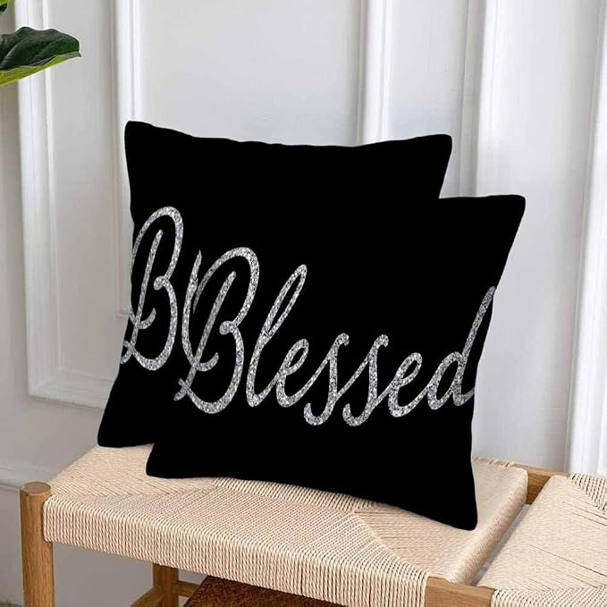 Bling Blessed White Throw Pillow Covers 18x18 Highlights Blessed Black Set of 2 - Image 4