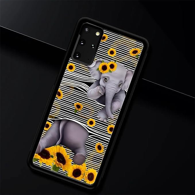 for Samsung Galaxy S20 Plus Case, Cute Little Elephant Sunflower White Line Art - Image 2