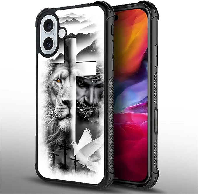 for iPhone 16 Plus Case, Lion Cross Jesus Christ Dove Pattern Graphic Design - Image 2