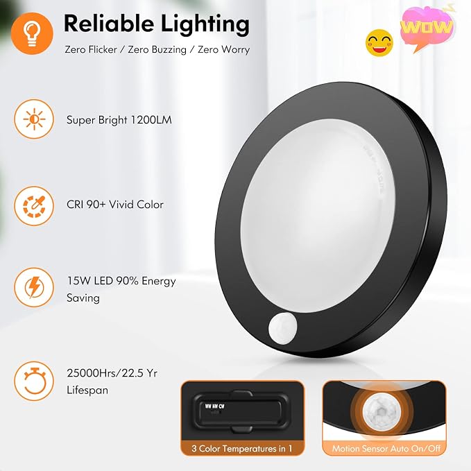 2-Pack Motion Sensor LED Ceiling Lights, 15W-100W Equivalent, 1200LM 3 Colors - Image 6