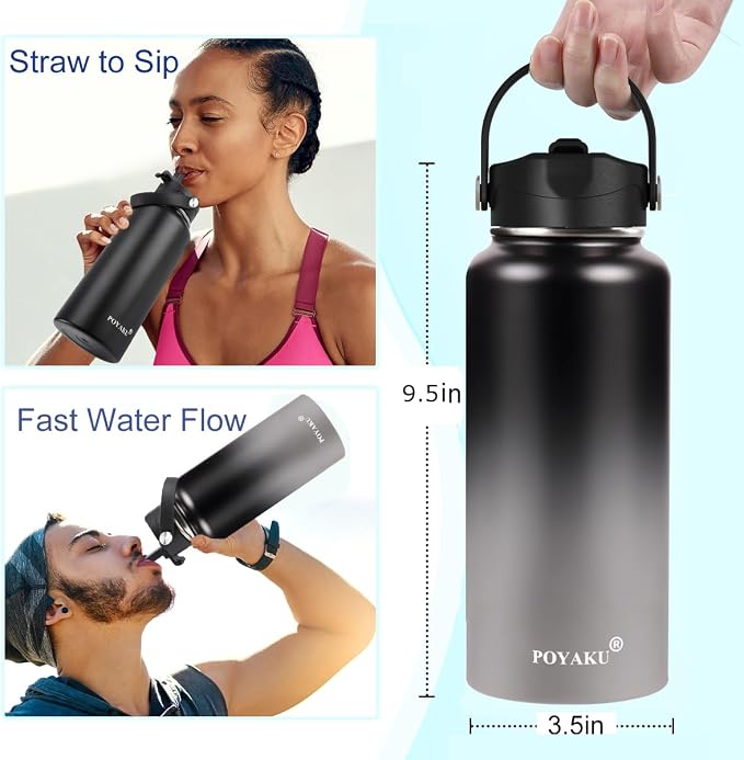 Water Bottle Insulated 32oz 40oz 64oz 128oz Straw Lid Spout Lid & 3 Lids - Image 3