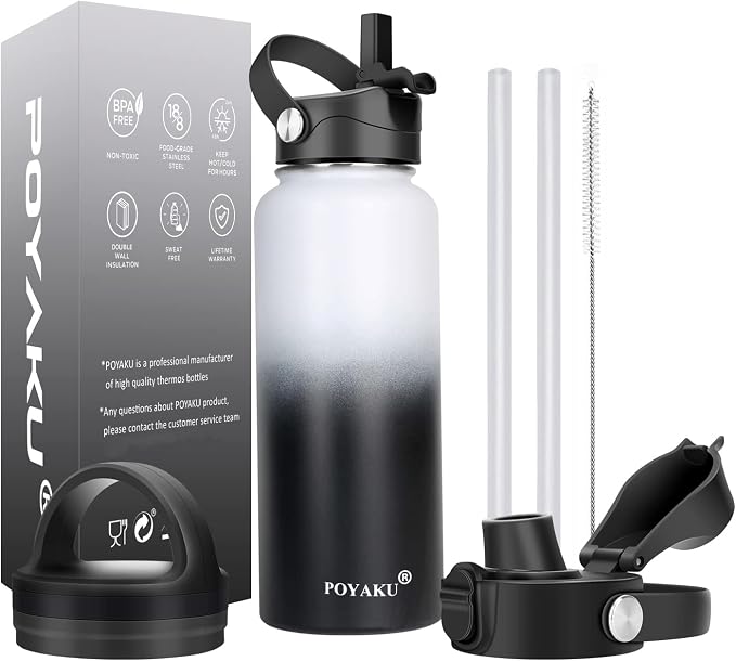 Water Bottle Insulated 32oz 40oz 64oz 128oz Straw Lid Spout Lid & 3 Lids by POYAKU