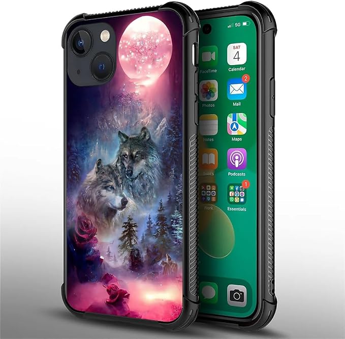 for iPhone 14 Plus Case, Star Two Wolfs Howling Pattern Graphic Design Girl Boy - Image 3