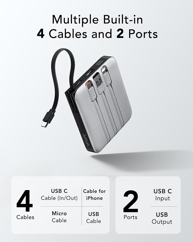 VRURC Portable Charger with Built-in Cable, 10000mAh 22.5W Fast Charging USB C - Image 2