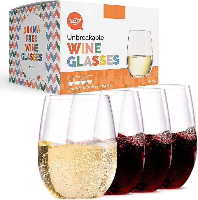 TaZa Outdoor Wine Glasses Stemless, 16oz Set of 4, Unbreakable Tritan Plastic by Unknown