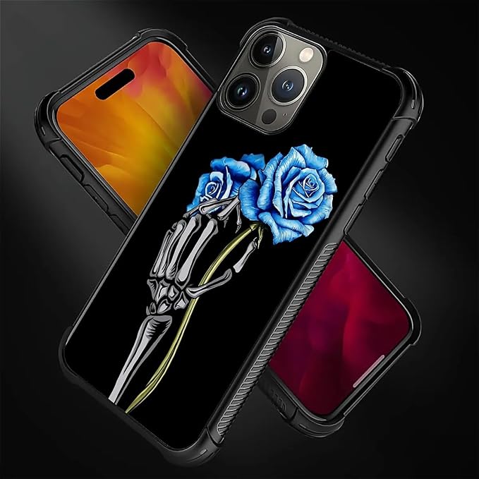 for iPhone 16 Pro Case, Skeleton Holding Blue Rose Pattern Graphic Design Girl - Image 6