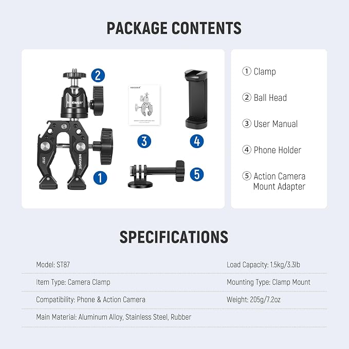 Neewer Super Clamp with Ballhead, Cold Shoe, Phone Holder and Action Camera - Image 8