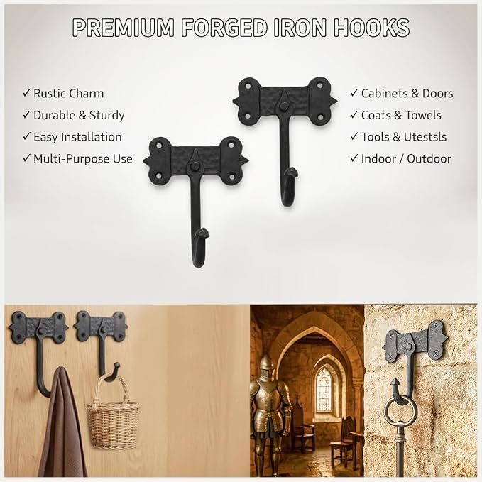 "Mystic Colonial Medieval Hand-Forged Iron Wall Hooks Set of 2 Rustic Coat - Image 9