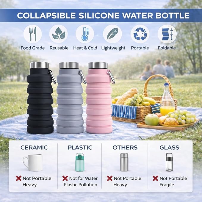 Collapsible Water Bottles, 16oz Capacity Portable Reusable Silicone Water Bottle - Image 3