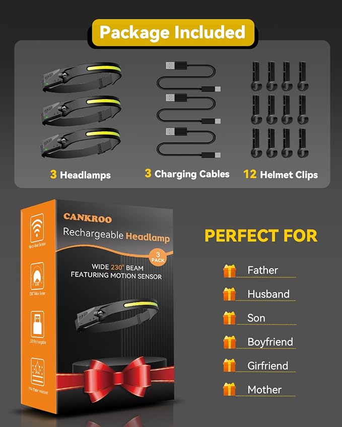 Headlamp Rechargeable 3 Pack, 230° Wide Beam Running Head Lamp Hands Free - Image 9