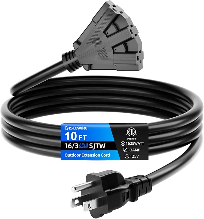 10 FT 3 Outlet Outdoor Extension Cord Waterproof, 16/3 SJTW Black Extension Cord by ISLEWIRE