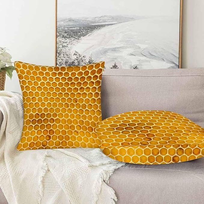 Bee Honeycomb Throw Pillow Covers 18x18 Yellow Honey Abstract Set of 2 Pillow - Image 5
