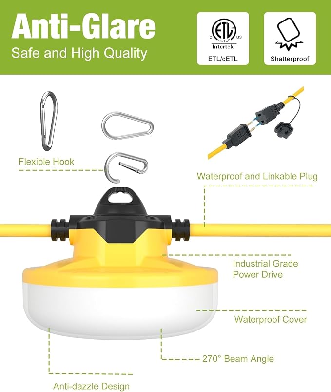 YXL 130W 16000LM Construction String Lights Temp Lighting 100FT Industrial LED - Image 6