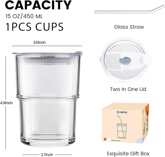 Glass Cups With Lids And Straws, Matcha Cup, Iced Coffee Cup, 13Oz/400ml Iced - Image 2