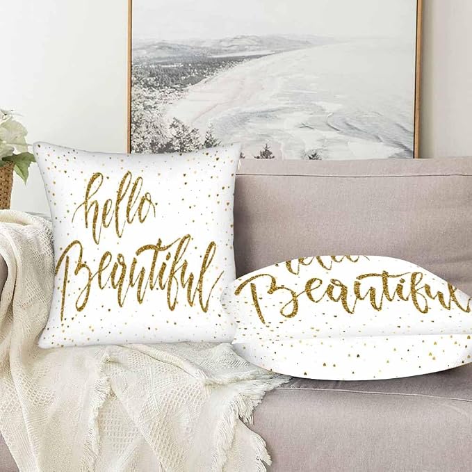 Hello Beautiful Bling Pillow Covers 18 X 18 Gold Glitter Motivational Quote Set - Image 5