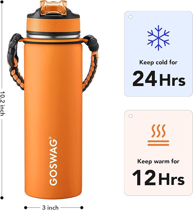 GOSWAG Insulated Sports Water Bottle, 24oz 2 Lids, Stainless Steel Water Bottles - Image 2