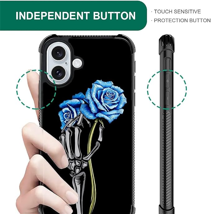 for iPhone 16 Case, Skeleton Holding Blue Rose Pattern Graphic Design Girl Boy - Image 5