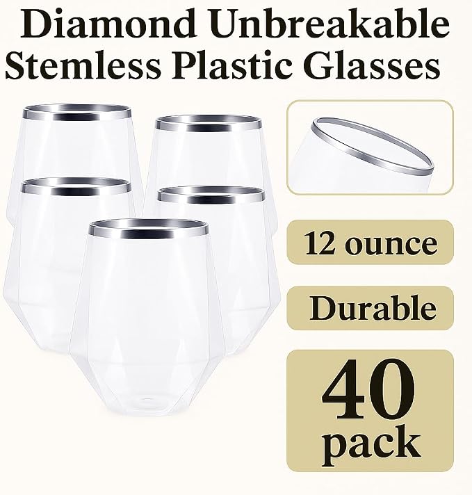 Oojami 40 Pack 12 oz Diamond Stemless Plastic Wine Glasses, Shatterproof - Image 3