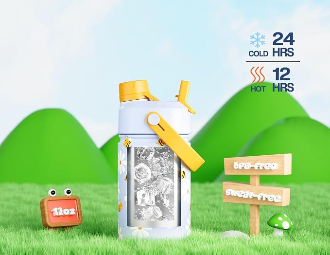 12 oz Insulated Water Bottle for Kids: 2-in-1 Straw Spout Lid, Spill-proof - Image 5
