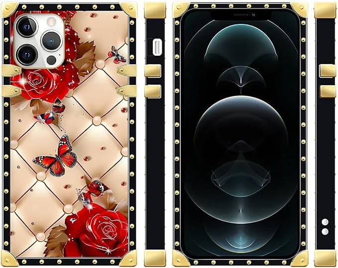Compatible with iPhone 12 12 Pro Case, Shining Red Rose Butterfly Leather - Image 2