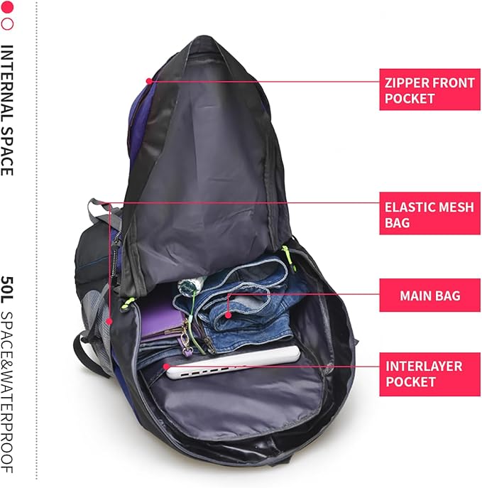 Bseash 50L Hiking Backpack, Water Resistant Lightweight Outdoor Sport Daypack - Image 6