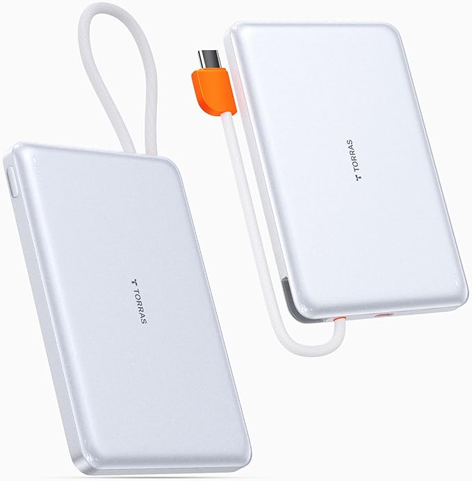 TORRAS Power Bank with Built-in USB-C Cable, Ultra-Slim 10, 000mAh Portable by TORRAS