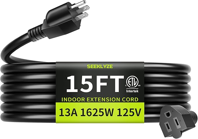 16/3 Black Extension Cord 15 FT Indoor, Short Extension Cord by Seeklyze