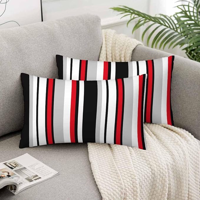 Vertical Lines Striped Pillow Covers 12 X 20 Black White Grey Red Watercolor - Image 5