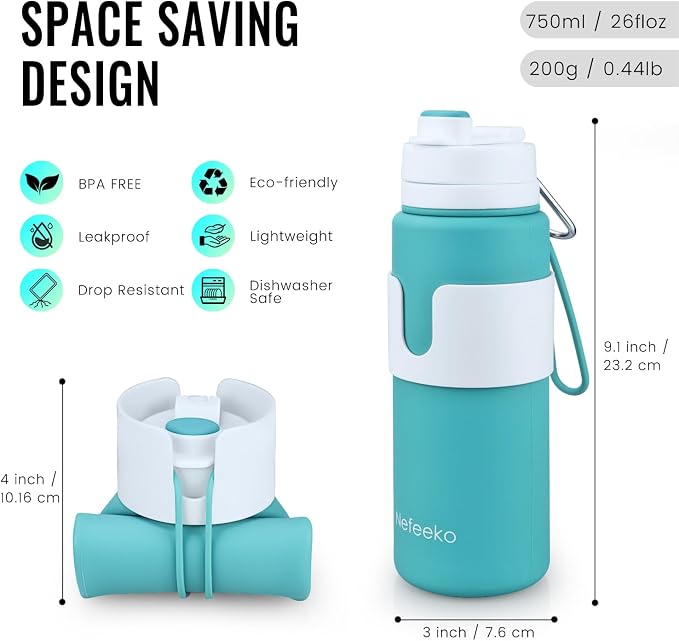 Nefeeko Collapsible Water Bottle, BPA Free 26oz Foldable Water Bottle - Image 2