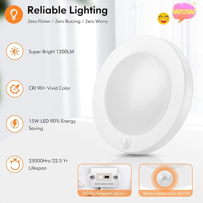 Motion Sensor LED Ceiling Light, 15W & 1200LM, 3 Colors in 1, 7.5inch Flush - Image 6