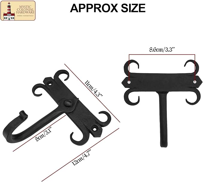 Mystic Colonial Rustic Cast Iron Wall Hooks, Heavy Duty Retro Utility Hooks - Image 2