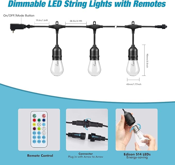 Auroraworld 24FT RGB Outdoor String Lights, Dimmable Color Changing Waterproof - Image 6