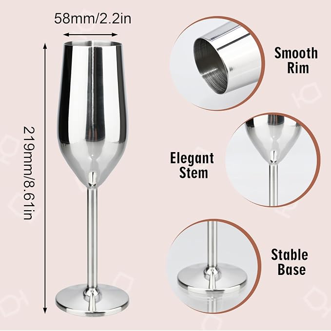 TJ Unbreakable 8 Oz Stainless Steel Champagne Flutes- Silver Champagne Glasses - Image 3