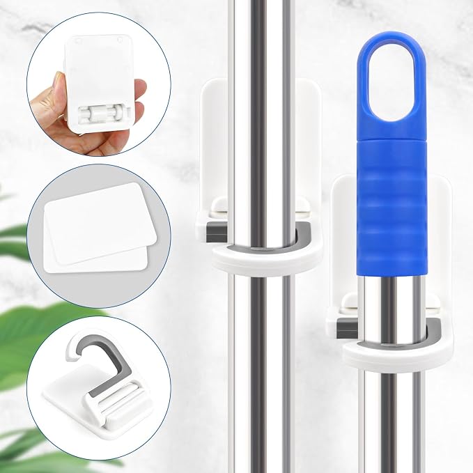 4 Pcs White Broom and Mop Holder Wall Mount Self-Adhesive Anti-Slip Gripper - Image 5