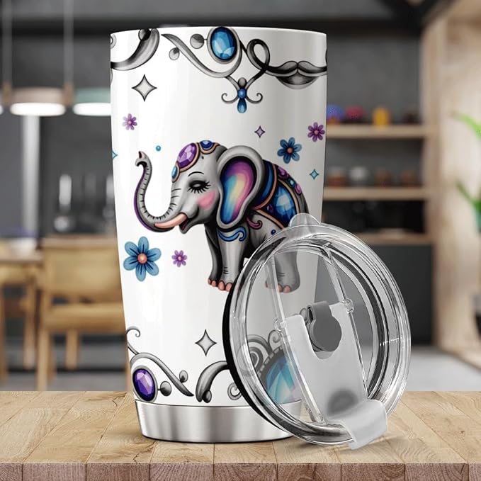 Cute Colorful Elephant With Floral Jewel Design Stainless Steel Tumbler - Image 5