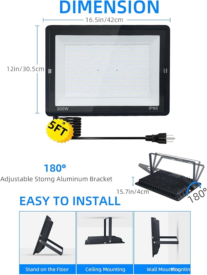 300W LED Flood Light Outdoor, IP66 Waterproof Outside Work Lights, 6500K - Image 4
