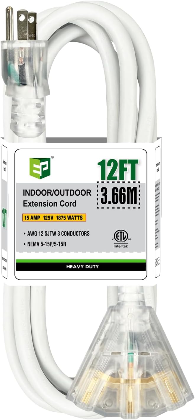 EP 12FT 12 Gauge Heavy Duty Extension Cord, 15A 125V 1875W, 3 Outlet by ENERGYPRO