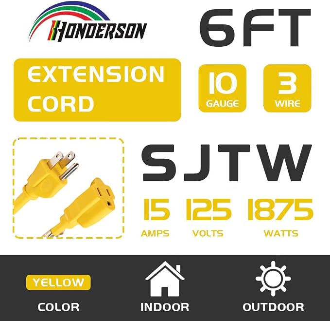 Indoor Outdoor Extension Cord Weatherproof, UL Certified, 10 Gauge 6FT Yellow 3 - Image 2