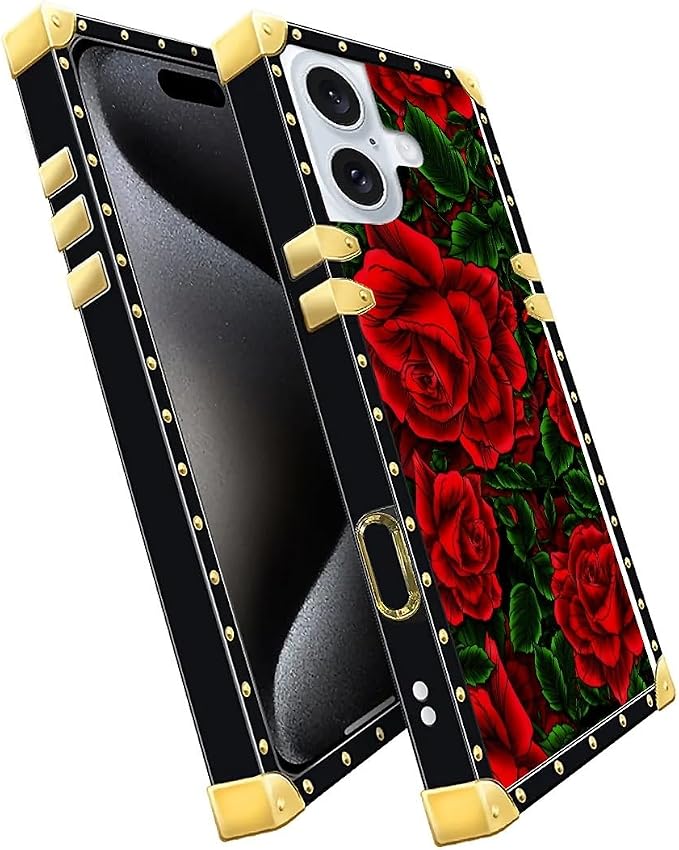 Compatible with iPhone 16 Case, Vector Red Rose Green Leaf Luxury Golden - Image 3